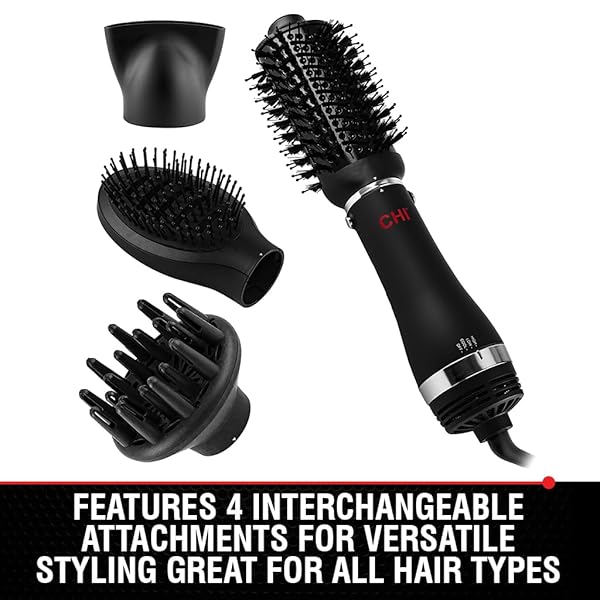 CHI VOLUMIZER 4‑IN‑1 BLOWOUT BRUSH HAIR DRYER, MULTI‑ATTACHMENT CERAMIC IONIC STYLING TOOL FOR SMOOTH, SILKY, VOLUMINOUS HAIR, BRUSH + DRYER COMBOS FOR FRIZZ CONTROL & SHINE, 1000W, BLACK