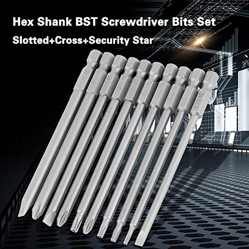 Marhynchus 10pcs Slotted+Cross+Security Star Type Hex Shank Screwdriver Bits Set with Magnetic 1/4\
