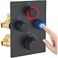 NPYSVSSS Modern Push Button 3 Way Thermostatic Shower Valve, Concealed Multi Function Brass Faucet Rough-In Mixer Shower Diverter Valve Kit Can Control Flow and On-Off Simultaneously, Matte Black