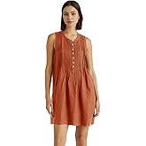Fenclushy Women's Cotton Linen Crew Neck Sleeveless Swing Dress Casual Front Button Dresses with Pockets(Brown,M), Medium