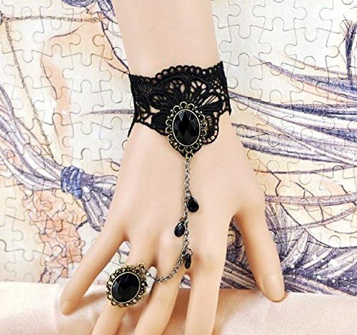 Goth Gothic Lolita Retro Vintage Vampire Tassels Black Ring Lace Bracelet A00165