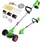 Electric Weed Wacker Eater Battery Powered, Cordless 21V Weed Trimmer with 2 Battery Operated & Charger & Wheels & Shears, 3 in 1 Lightweight Grass Trimmer/Edger/Brush Cutter for Garden Yard Lawn