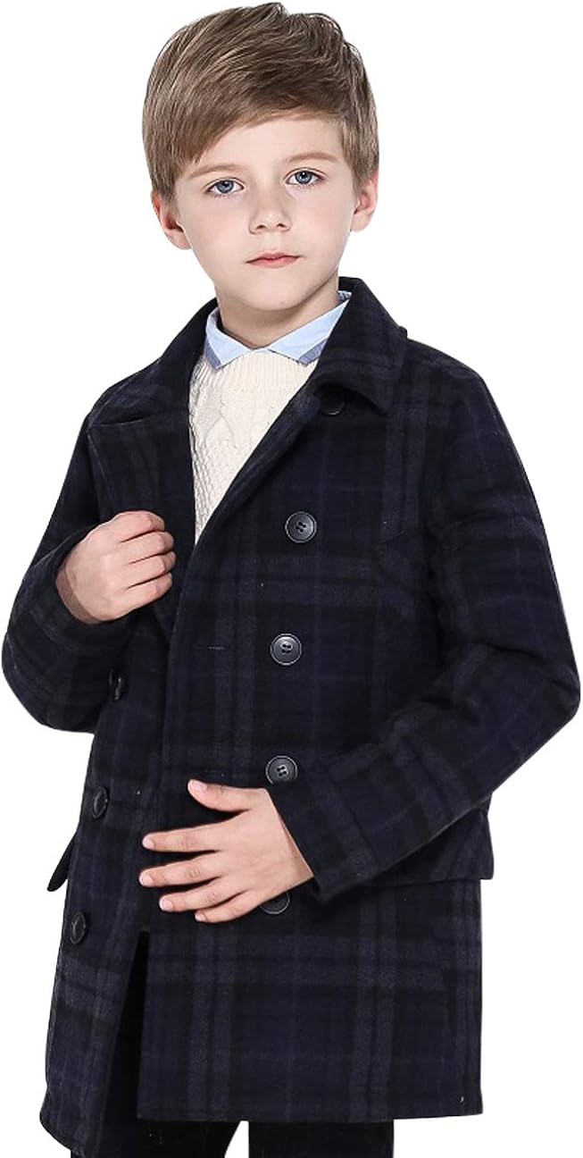SOLOCOTE Boys Coat Elegant Notched Collar Double Breasted Wool Blend Over Pea Coat: Clothing