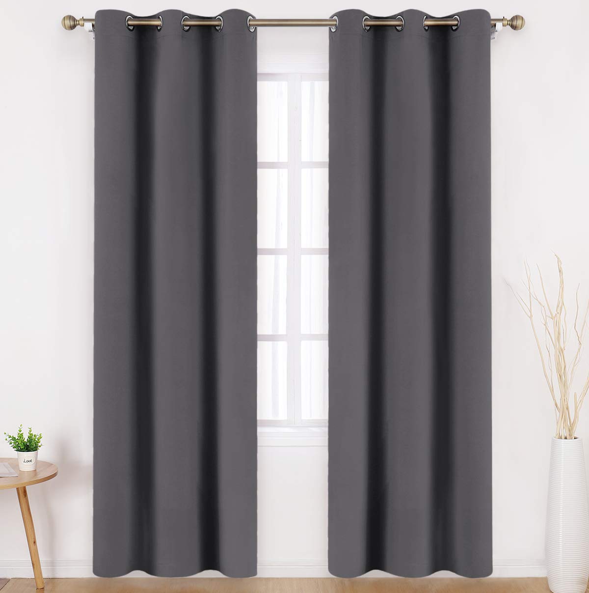 HOMEIDEAS Grey Blackout Curtains 2 Panels 46 X 90 Inch Drop Room Darkening Eyelet Curtains for Bedroom Living Room, Thermal Insulated Light Blocking Window Drapes