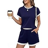 Blingfit Womens 2 Piece Lounge Set Short Sleeve Summer Vacation Outfits Casual Matching Sets Soft Shorts with Pockets