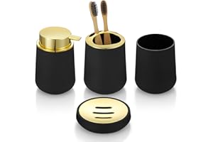YAUKPH Black and Gold Bathroom Accessories 4 Piece Set Luxury Matte Plastic Soap Dispenser Toothbrush Holder Cup Soap Dish for Modern Bathroom Deco