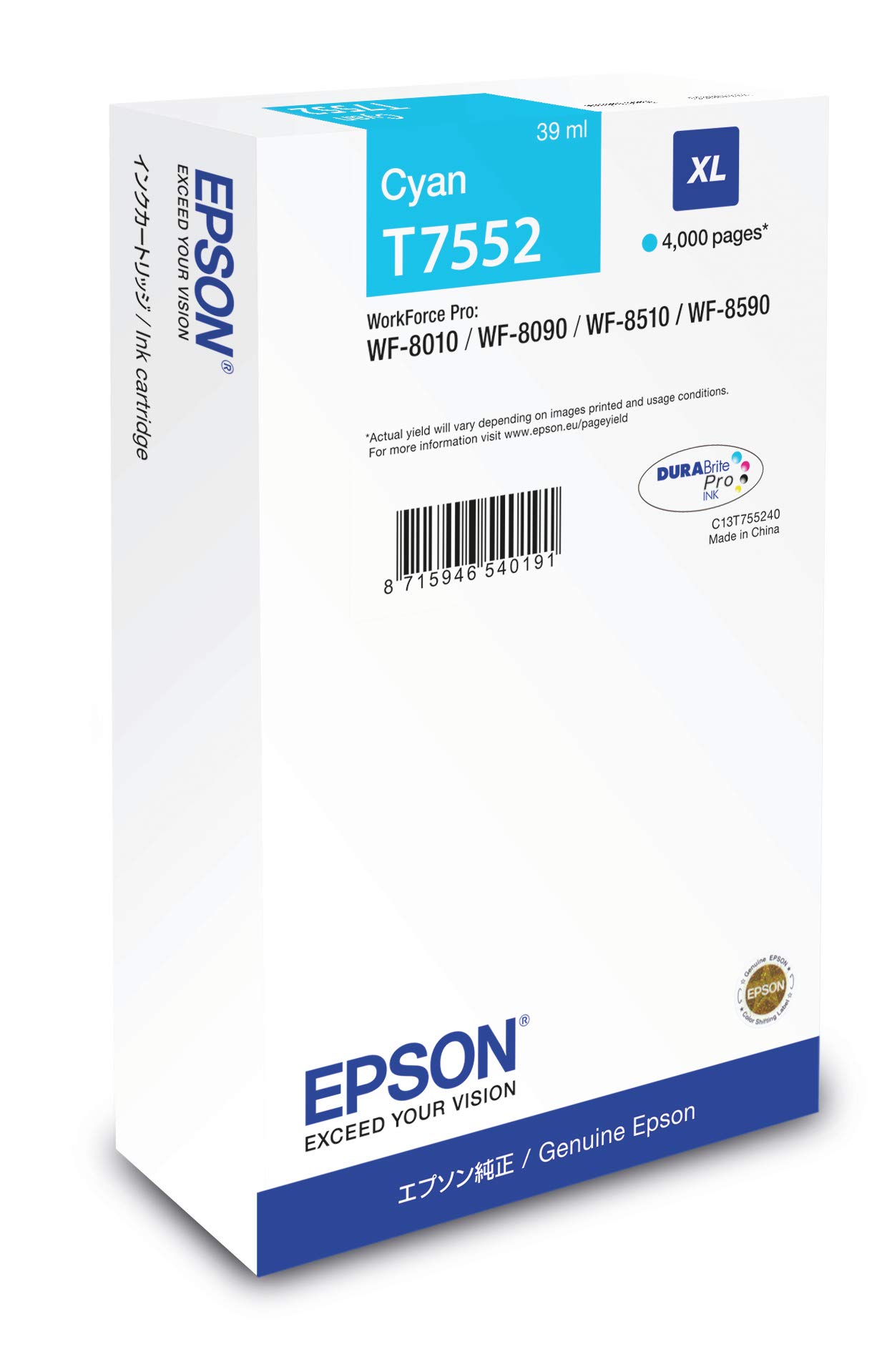 Epson T7552 Cyan Genuine, XL High Yield Ink Cartridge DuraBrite Ultra