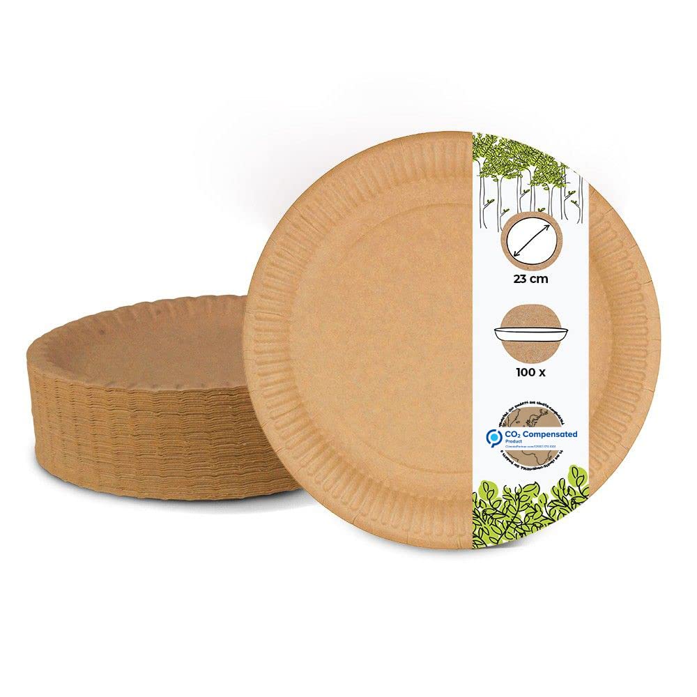 BIOZOYG Disposable Plates 23 cm Ø I Plain Paper Plates Brown Round I Recyclable Party Dishes Eco-Friendly Plates Biodegradable I Disposable Tableware Rigid Disposable Plates 100 pcs