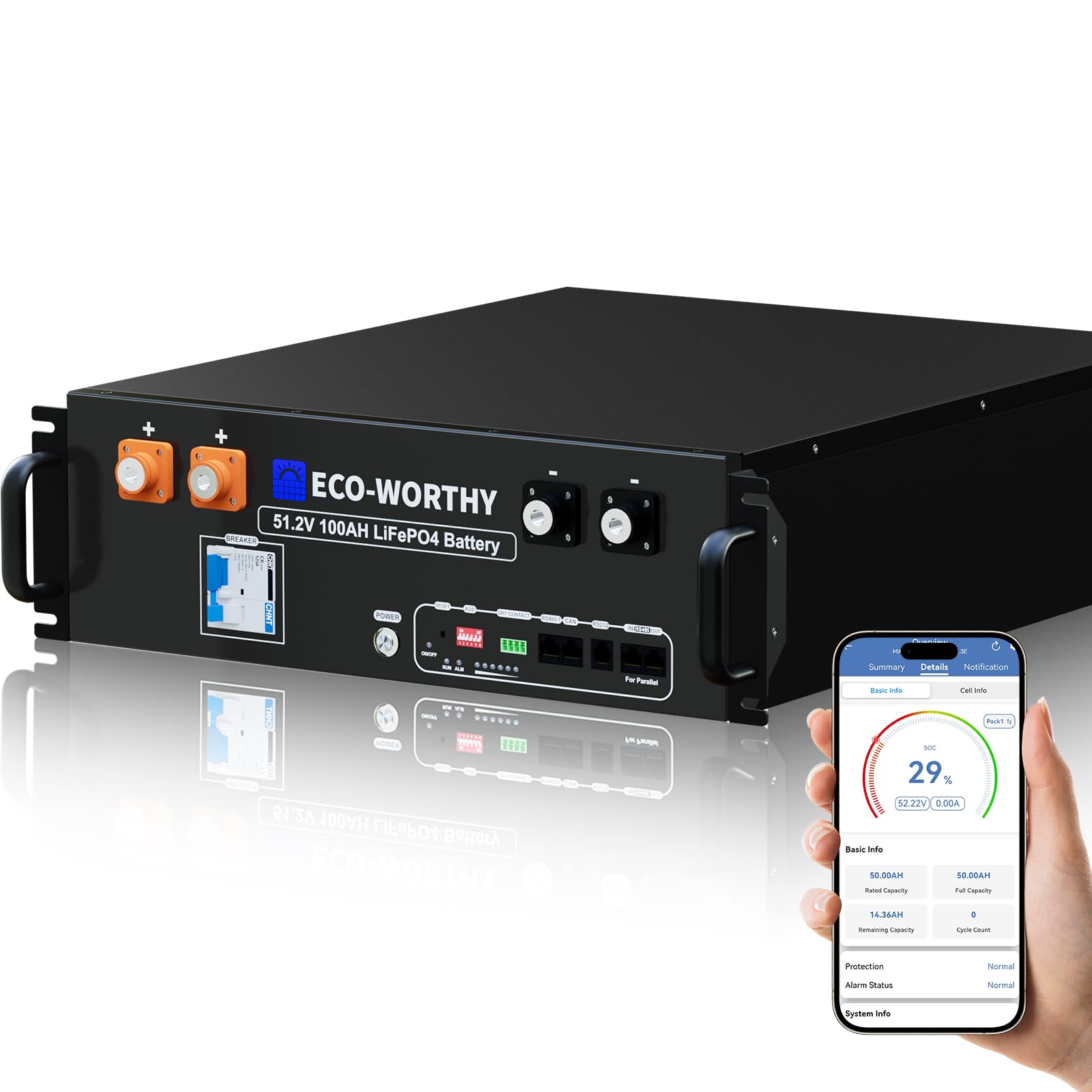 ECO-WORTHY LiFePO4 48V 100Ah V3 Bluetooth mit 100A BMS,5.12KWh 48V Lithiumbatterie Serverschrank Solarbatterie für Solaranlage Komplettset,Photovoltaikanlage,IEC 62619