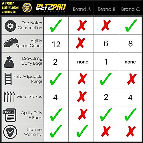Bltzpro AGILITY LADDER with CONES Fitness Gear- Improve Soccer,Football & Sports Skills, Used by Athletes & Coaches.16ft| 12 Adjustable Rungs|12 Cones|2 Carry Bags|4 pegs|footwork drills ebook