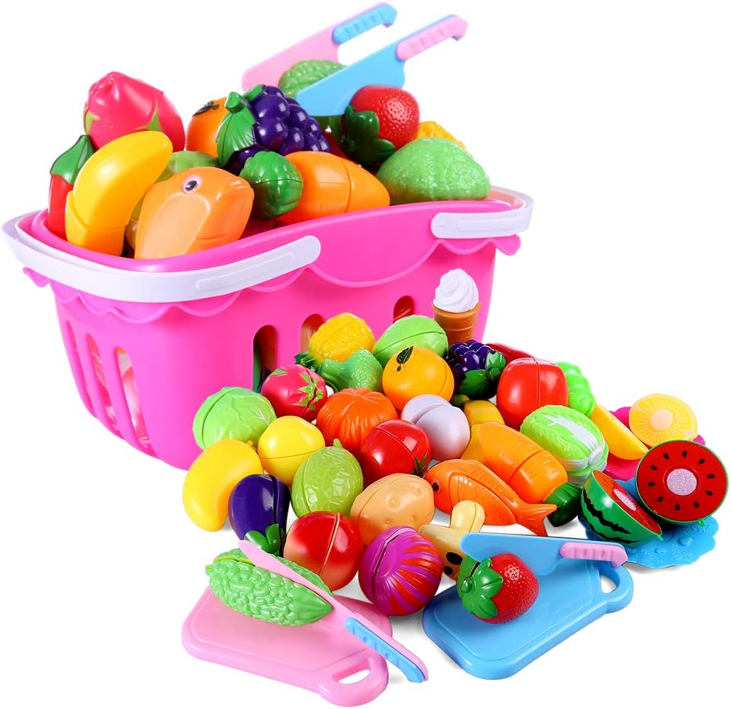 YIFAN 37PCS Kitchen Food Playset Kids, Plastic Fruit Vegetable Cutting Pretend Food Toy Toddlers Girls Role Play Kitchen Educational Toys (Pink)