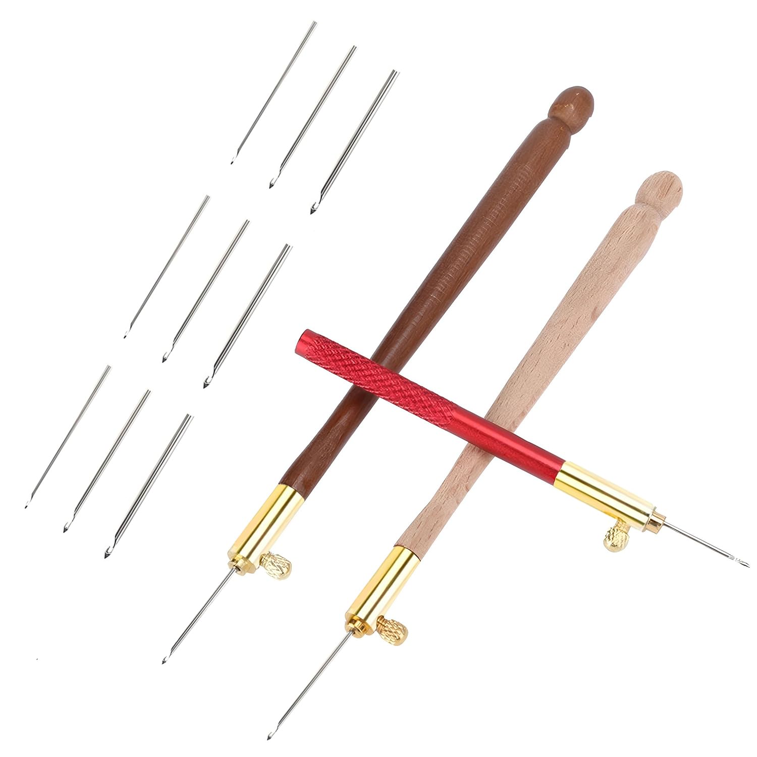 Tambour Hook 3pcs Stainless Steel Wood Handle Embroidery Crochet Hooks with 9 Needles Beading Knitting DIY Sewing Tool Kit French Embroidery Beading Needle Tools Kit