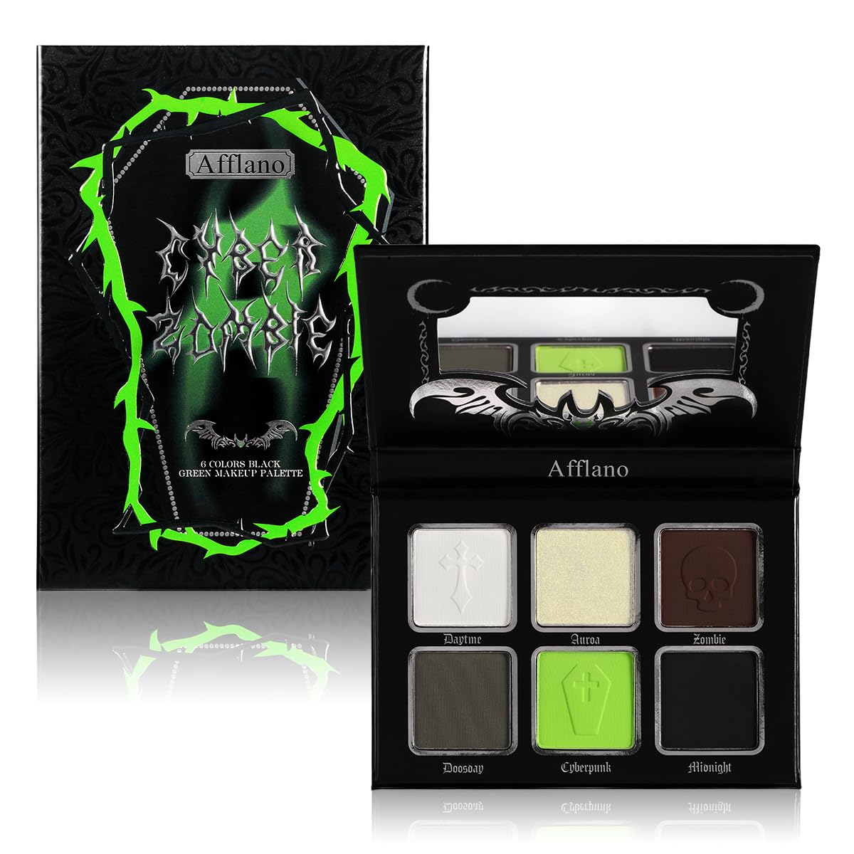 Afflano Smokey Green Eyeshadow Palette - Cyber Goth Smoky Eyes Makeup Eyeshadow Palette With Mirror, Neon Brown Black White Grey Highly Pigmented Long Lasting for Girls Women