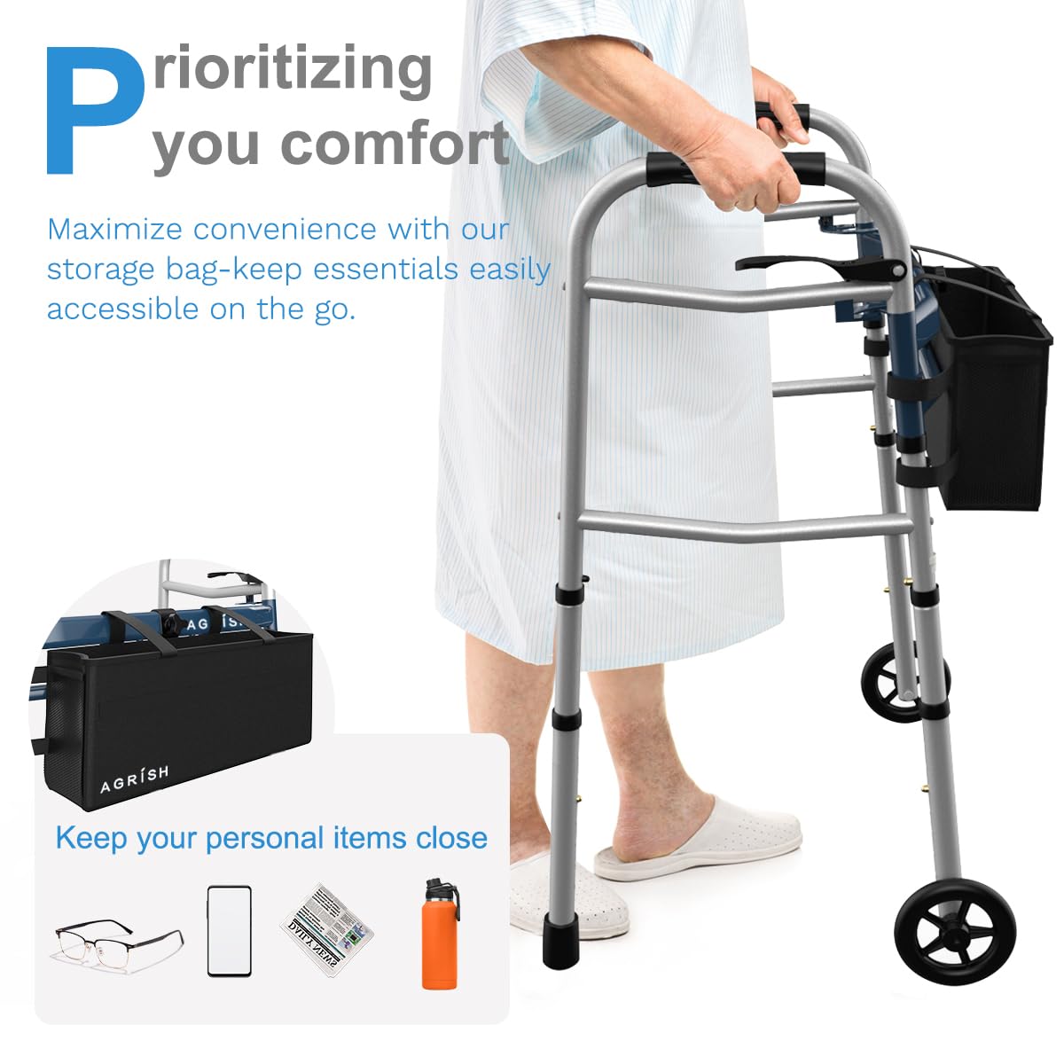 Folding Narrow Walker for Seniors – Width & Height Adjustable Walker, Lightweight Standard Walker for Elderly, Handicapped & Disabled, Fits Narrow Doorways, 350lbs