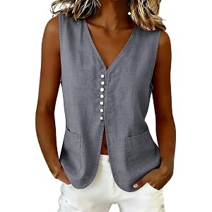 HGps8w Linen Vest Tops for Women Summer Sleeveless Button Down Work Blazer Loose V Neck Going Out Waistcoat Shirts