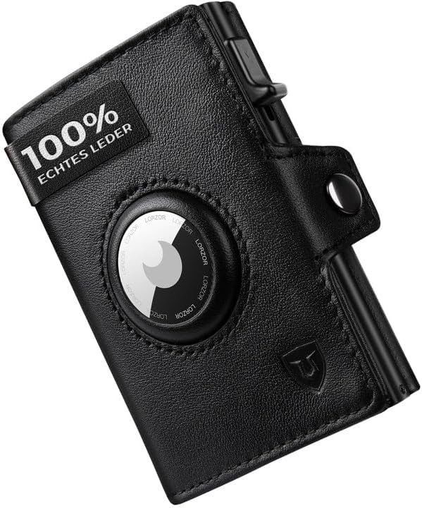LORZOR Men's Slim Genuine Leather AirTag Wallet, Smart Card Holder Wallet with RFID Blocking & Slide Ejection, Holds 10 Cards with Zipper Coin Pocket, Premium Gift for Husband, Father (NapaBlack)