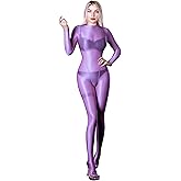 SOFSOT Ultra Sheer Full Bodysuit for Women Long Sleeves Shiny Jumpsuits One-Piece Glossy Catsuit Nylons Full Body Leotard
