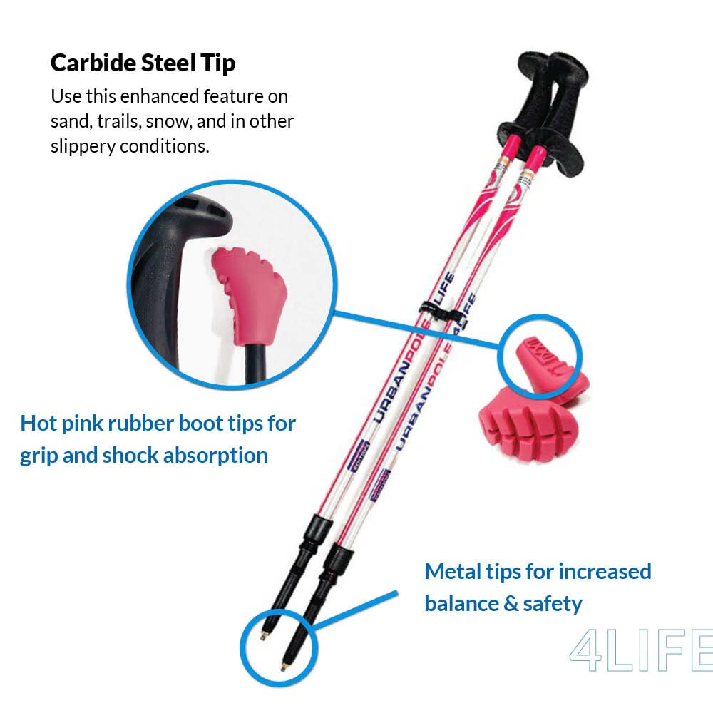 Urban Poling Urban Poles 4Life - Lightweight, Aluminum Nordic Walking Sticks - Pink & Silver - 1 Pair – for Users 4'2