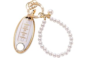 CARFRULTER for Nissan Key Fob Cover with Pearl Car Keychain, Key Case Shell fit for Nissan Altima Maxima Murano Rogue Sentra 370z Pathfinder Smart Control Key Protector, White