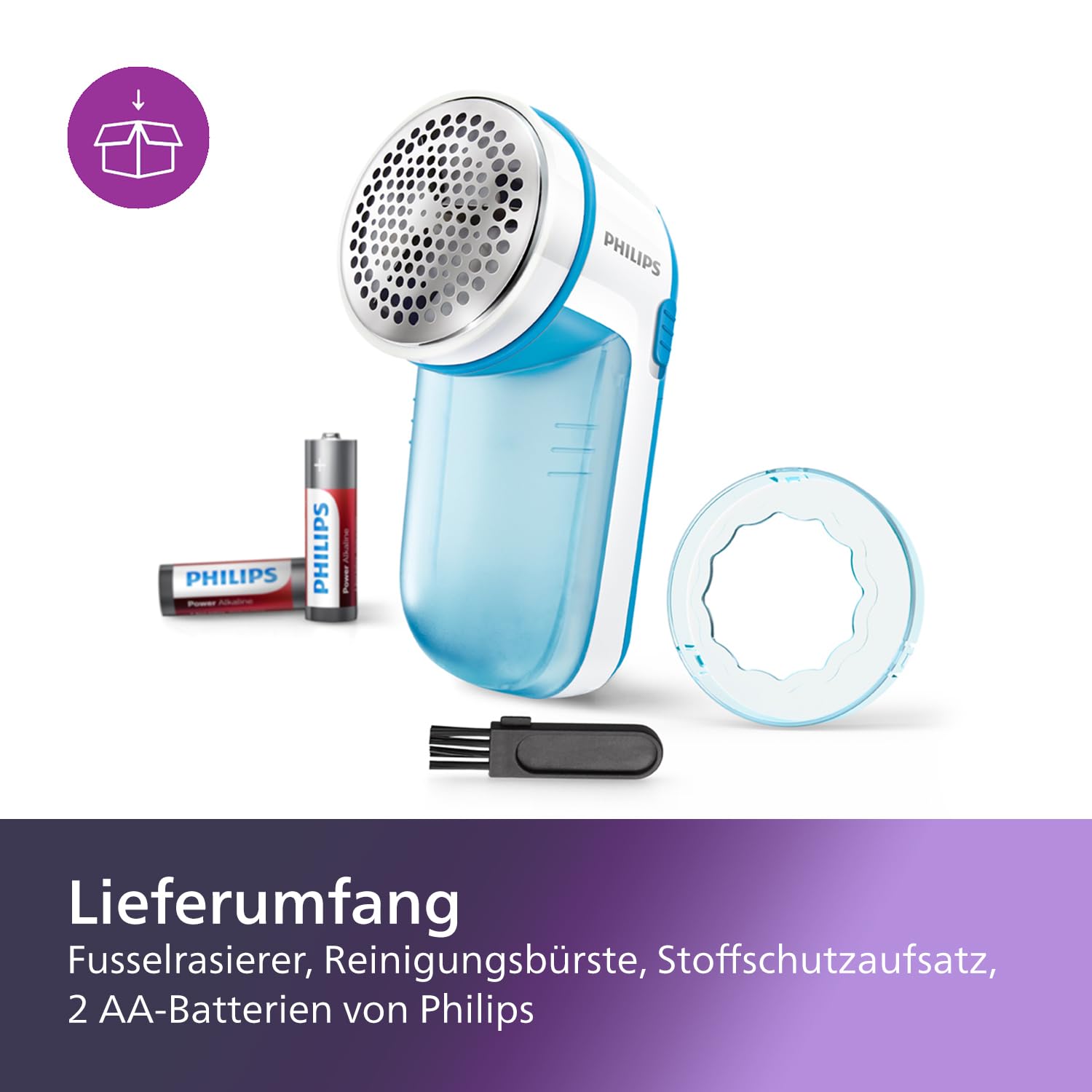Philips Fusselrasierer – Fusselentferner für Kleidungsstücke, geeignet für alle Textilien, 2 Höheneinstellungen, batteriebetrieben (2X AA-Batterien inkl.), blau (GC026/00) 3