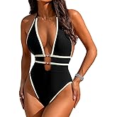 ChiaoLezhee Color Block Swimsuit for Women, Plunge V Neck Backless, Beach Pool Party, Sexy High Leg Cut One Piece Cheeky