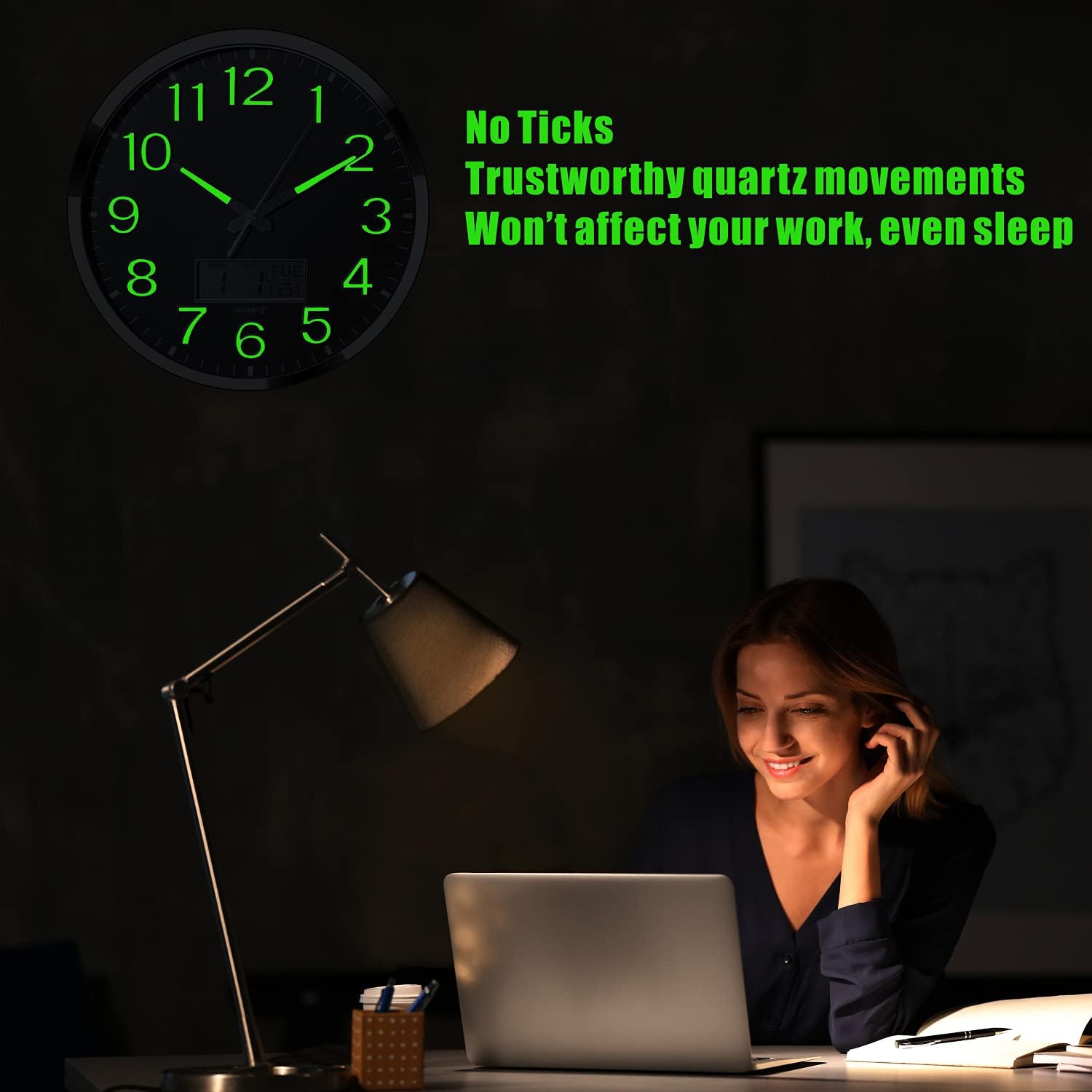 Luminous Wall Clock - 14’’ Extra Large Wall Clocks with Glowing Function LCD Display - Silent Movement for Kitchen Bedroom - Digital Wall Clocks Display Date Week Temp - Battery Operated (Green Light): Kitchen & Dining