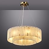 YIOSI D23in Alabaster Round Chandelier, Modern Marble Dining Room Chandeliers, 2 Tiers Brass Drum Pendant Light Fixtures, Gol