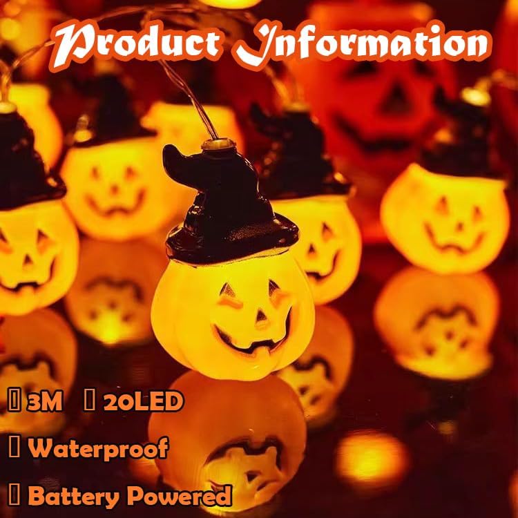 Halloween Lichterkette, 3 Meter 20 LED Halloween Deko Indoor, Hut Kürbis Lichterkette Deko für Innen und Außen, Party, Garten, Festen(Warmweiß)