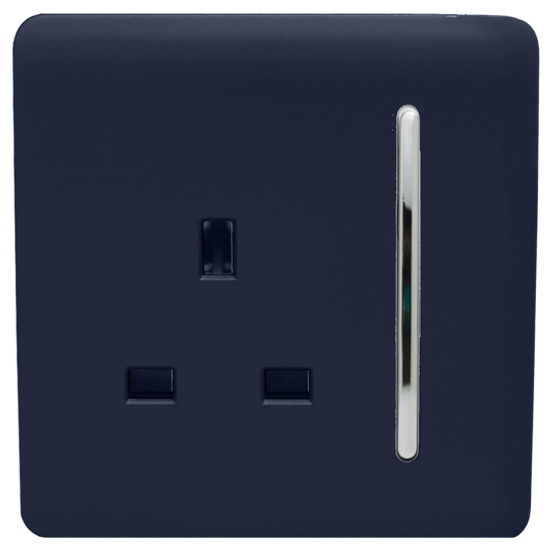 Trendi 1 Gang Raised Artistic Modern Glossy Screwless 13 Amp Single Pole with Chrome Switched UK Standard Electrical Double Wall Plug Socket in Navy Blue - ART-SKT13NV