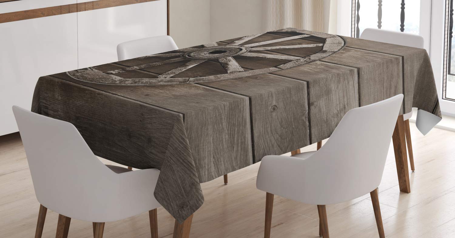 ABAKUHAUS Barn Wood Wagon Wheel Tablecloth, Antique Aged Carriage Vehicle Wheel on the Wall of Barn Grunge Western, Dining Room Kitchen Table Cover, 54" x 94", Brown