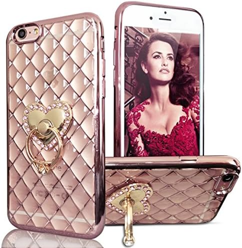 iphone 6s Case, iphone 6 Case, Fashion Slim Fit Soft Rubber Bumper Bling Diamond Glitter Case Cover Skin with Heart Ring Stand Holder for apple iphone 6/6s 4.7" -Rose Gold