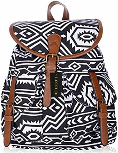LOTCLUE Casual Women Backpack Canvas Daypack Geometric Pattern Girl's School Bag (Black)