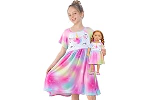 Play Tailor Doll and Girl Matching Nightgown Unicorn Outfit Pajamas Night Dress for Girls and 18" Dolls Clothes