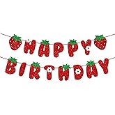 BIEUFBJI Strawberry Happy Birthday Banner, Glitter Strawberry Banner, Strawberry Theme Birthday Garland for Birthday Party Hanging Decorations