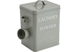 Bloomingville Farmhouse Metal Container with "Laundry Powder" Message, Lid, and Scoop, Grey