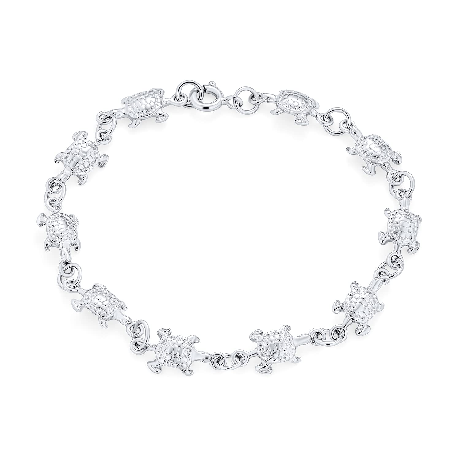 Bling Jewelry Nautical Tropical Beach Vacation Multi Tortoise Linked Charm Sea Turtles Bracelet For Women Teen Oxidized .925 Sterling Silver 7.5 Inch