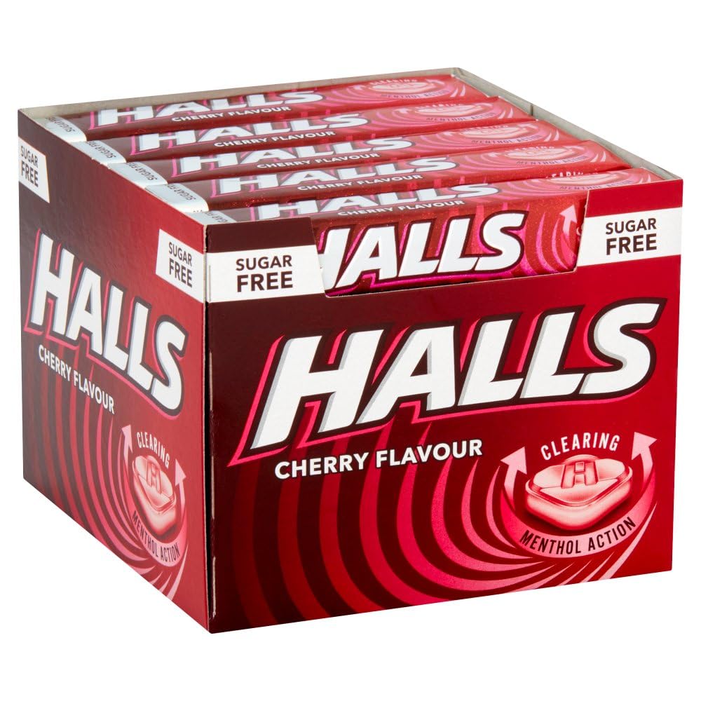 Halls Sugar Free Cherry Mentho-Lyptus Throat Lozenges Stick 32 g (Pack of 20)