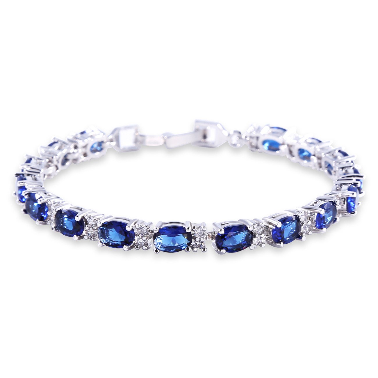 GULICX Bracelet for Womens White Gold Electroplated Diamond Cubic Zirconia Blue Crystal Bangle Roman Tennis Bracelet Sapphire Color Link Chain for Lady Bracelet Birthday Gifts for Mum Sisters