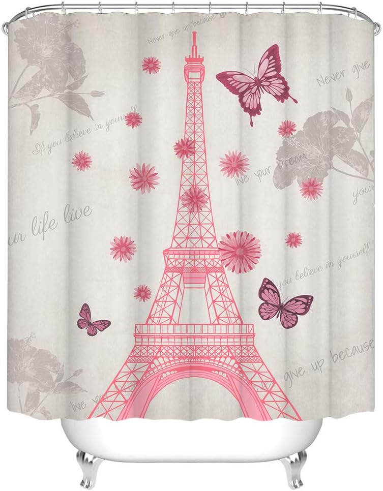 Pink Paris Shower Curtains for Bathroom Eiffel Tower and