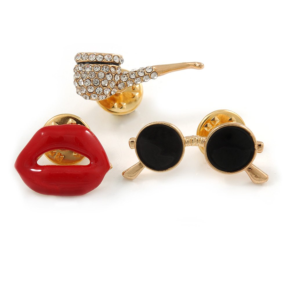 3 Pcs Funky Enamel Glasses, Lips, Pipe Brooch Set for Clothes/Bags/Backpacks/Jackets - 30mm