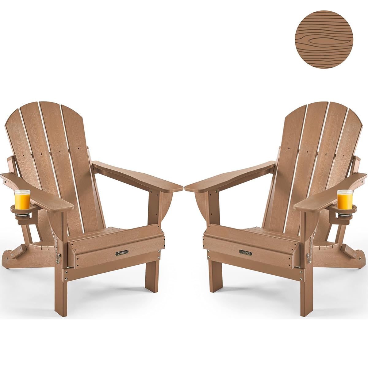 Ciokea Folding Adirondack Chair 2 Pack, Patio Adirondack Chair Weather Resistant, Plastic Fire Pit Chair with Cup Holder, Lawn Chair for Outdoor Porch Garden Backyard Deck (Teak) Image