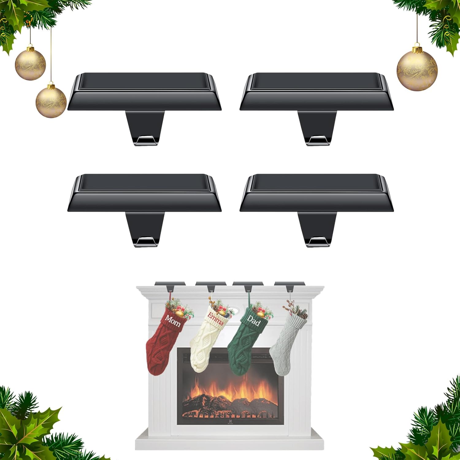 Stockings & Holders - rakkitomato Christmas Stocking Holders, Metal Stocking Hanger Holders for Mantle Fireplace, 4 Pack Black