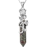 TUMBEELLUWA Rose Flower Wrapped Healing Crystal Point Necklace, Hexagonal Prism Pendant Jewelry for Women Men