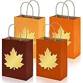 Whaline 24Pcs Fall Paper Bag Gold Foil Maple Leaf Treat Bags with Handles Red Brown Orange Candy Goodie Bags for Autumn Thanksgiving Party Favors Supplies