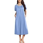 Ekouaer Long Nightgowns for Women Short Sleeve Sleepshirt Button Sleep Dress with Pockets