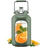 WINSA 100 oz Glass Water Bottles with Straw, 3 Liter Gallon Drinking Bottle with Handle, Large Glass Water Jug with Silicone Sleeve for Gym Sports,Wide Mouth,Olive