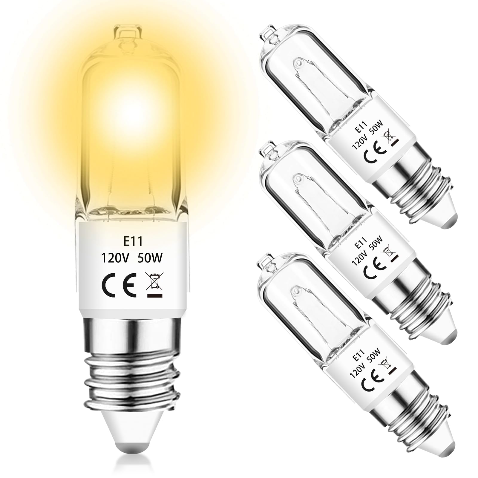 Photo 1 of Jaenmsa JDE11 120V 50W Halogen Bulbs,T4 JD E11 Tungsten Halogen Mini Candelabra Bulb 50 Watt Dimmable,Warm White 2800K Replacement E11 LED Light Bulb for Chandeliers/Ceiling Fan/Cabinet Light,4 Pack