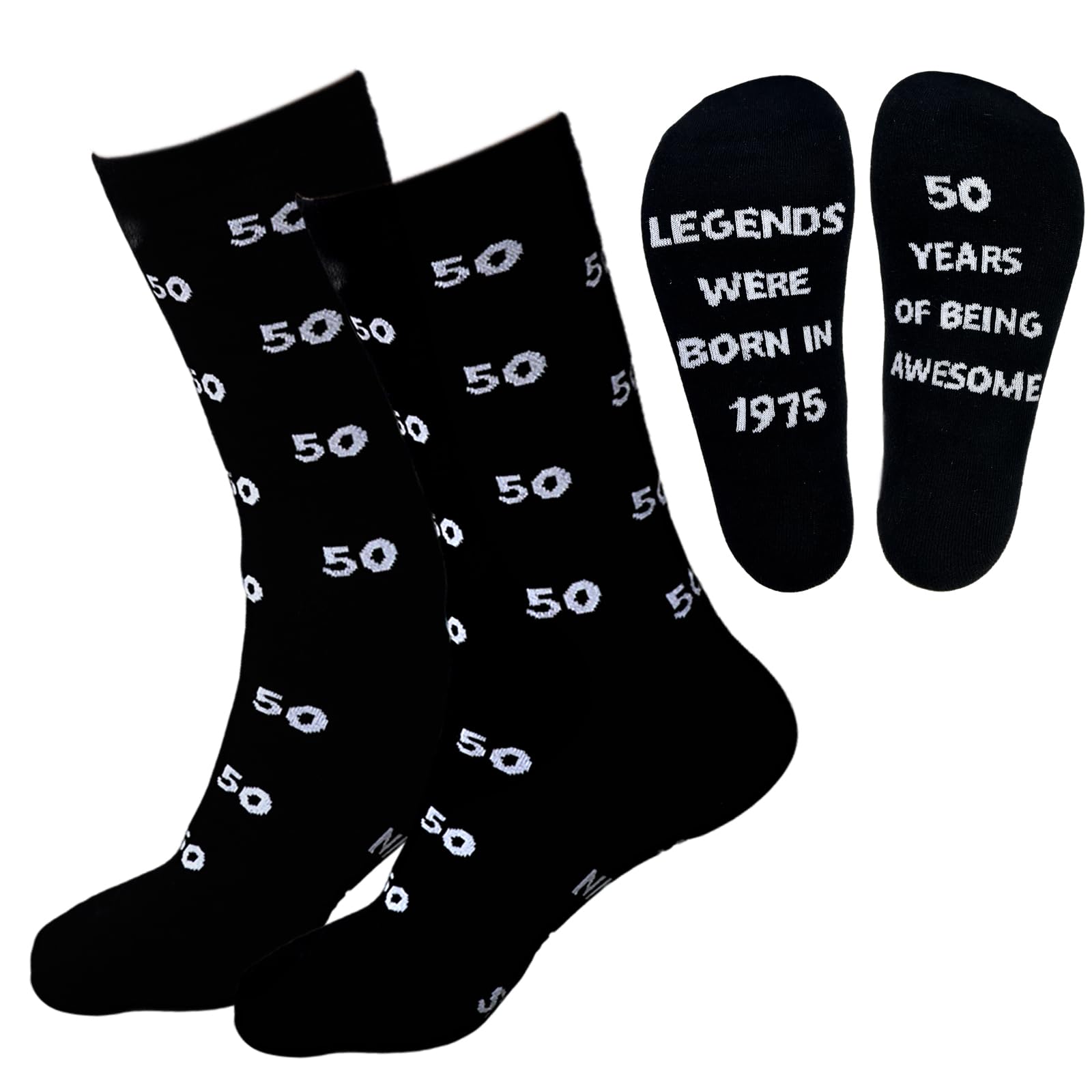 Photo 1 of ****** PACK OF 2****** Vampire teeth 50th Birthday Gifts for Him Men 1975 50th Birthday Decorations - Funny Gifts Legends Were Born in 1975 Black Crew Socks