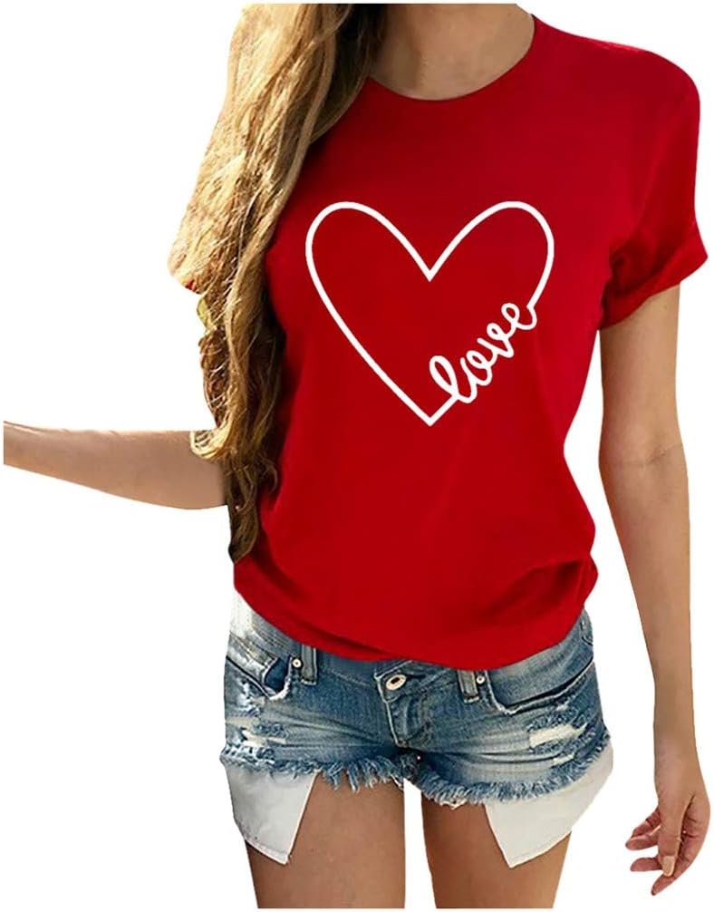 Heart Shirt Top Womens Valentine's Day T Shirt Short Sleeve Mother's Day Graphic Print Tee