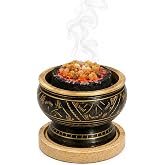 ARO VATIKA Incense Brass Burner (Black) | Used for Burning Charcoal, Sambrani, Dhoop & Gums | for Office Temple Prayer | Wooden Coaster to Hold | Home Purifying Loban Stand